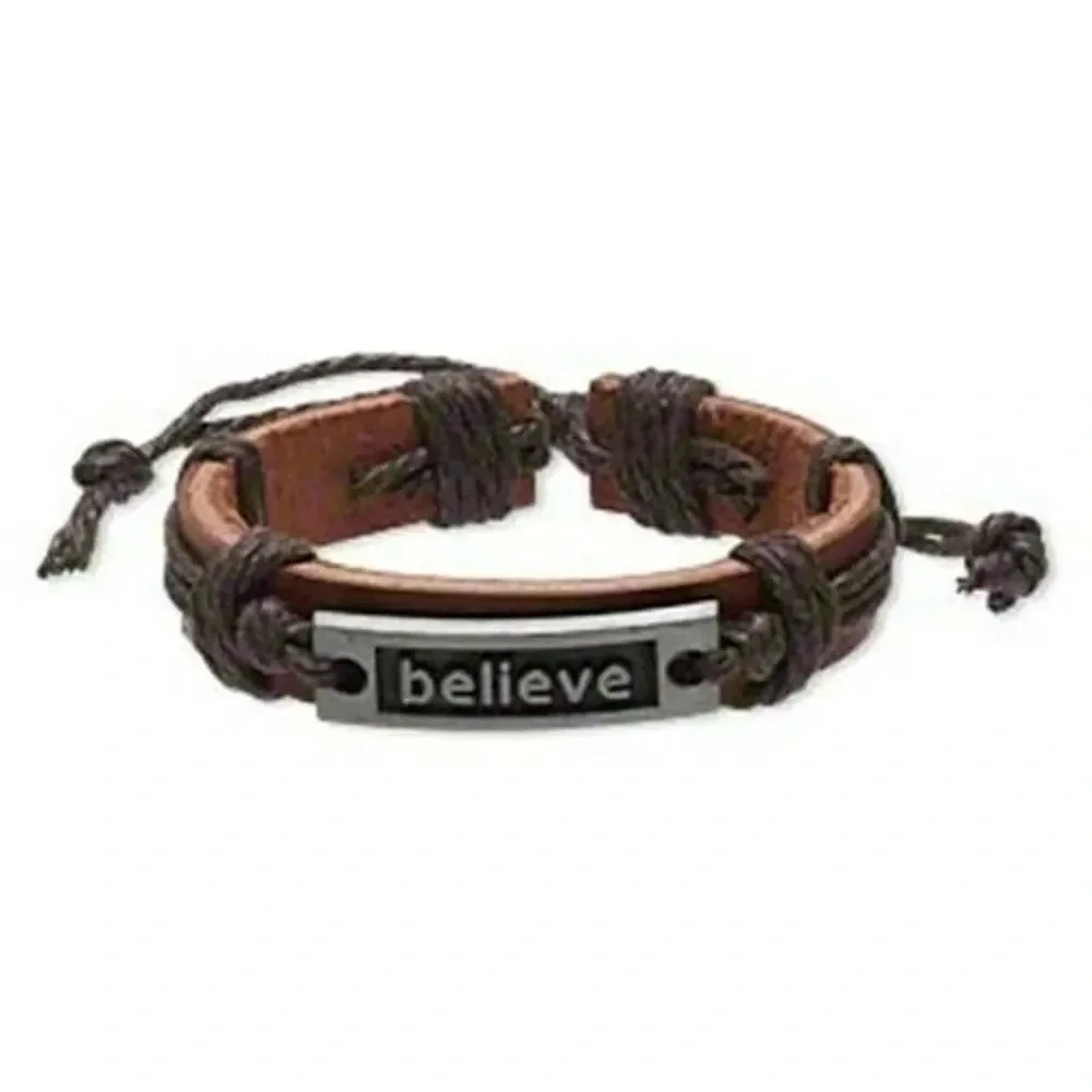 Handmade Brown Believe Affirmation Leather Silver Pewter Adjustable Bracelet